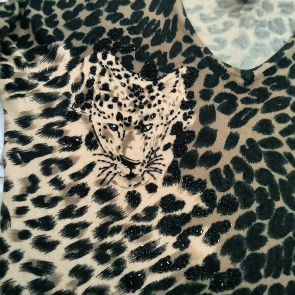 Vintage Designers Originals 90s Y2K Beaded Leopard Face Sweater XL Cheetah Cat - Picture 2 of 5